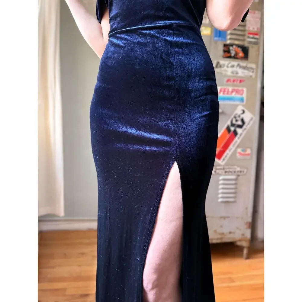 Vintage Y2K Velvet Maxi Dress | Navy Off Shoulder Column Slit Gown | S/M - Picture 5 of 11